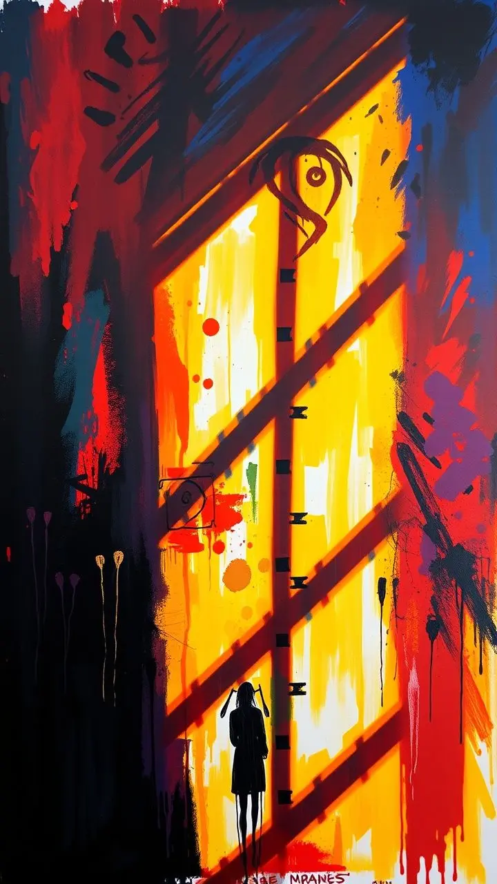Acrylic painting with marker details and colorful brushstrokes, featuring deep cinematic shadows.