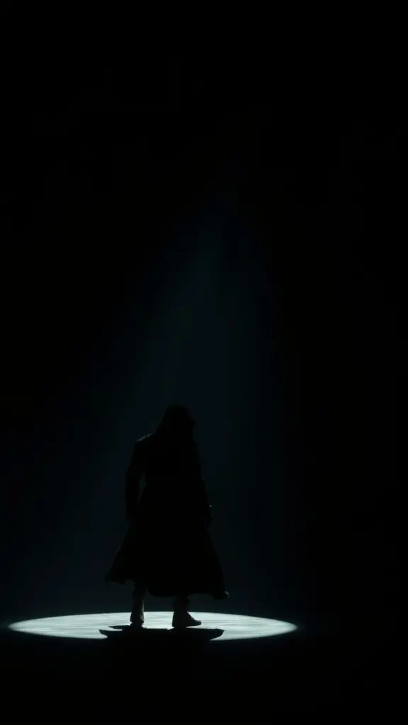 Scene with dramatic cinematic shadows and high-contrast lighting.