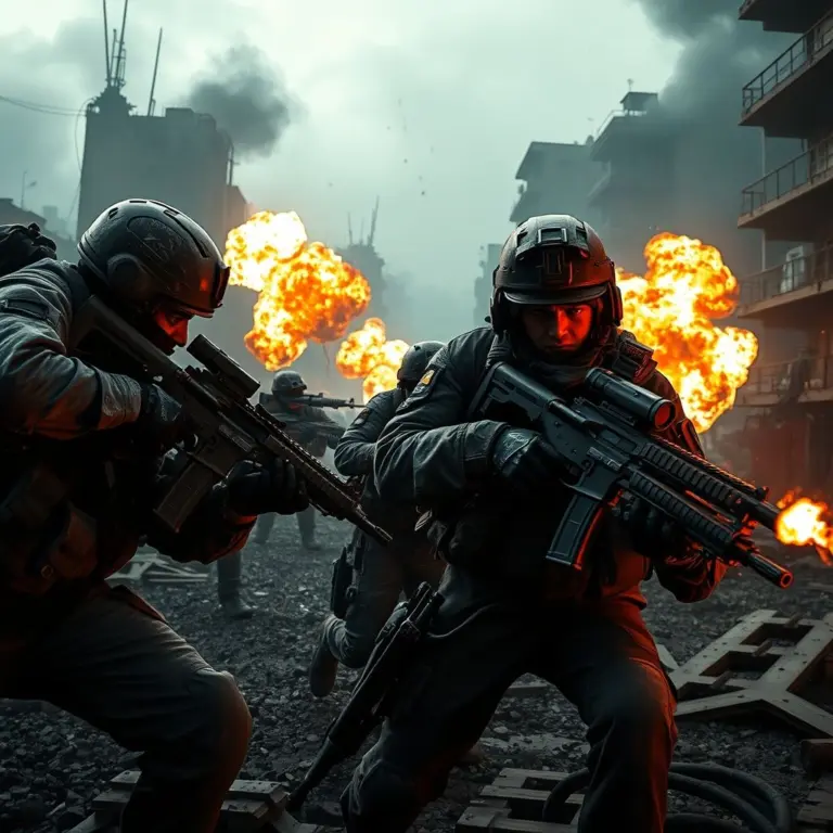 Modern soldiers in tactical gear fighting on a chaotic battlefield with explosions and ruined buildings, cinematic lighting.