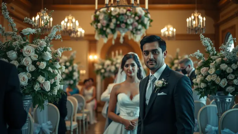 Hyperrealistic photo of a wedding ceremony with a bride and groom exchanging rings.
