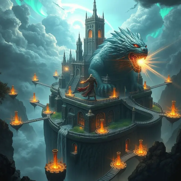 Sorcerer casting spells on a giant beast near a floating citadel in a misty, aurora-filled sky.