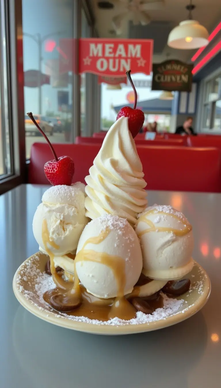 Banana split with three scoops and powdered sugar in a diner.