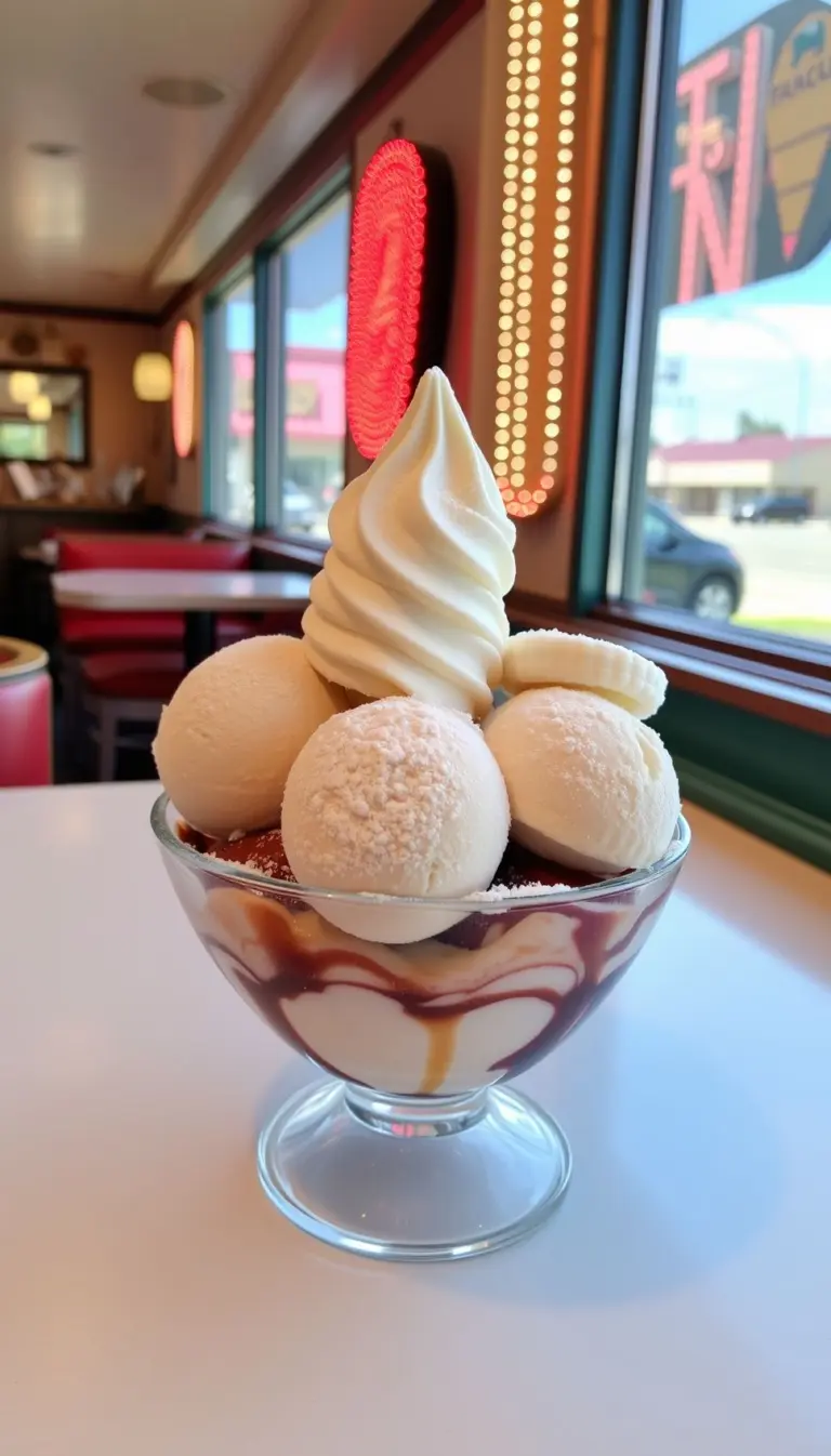 Banana split with powdered sugar on a diner counter.