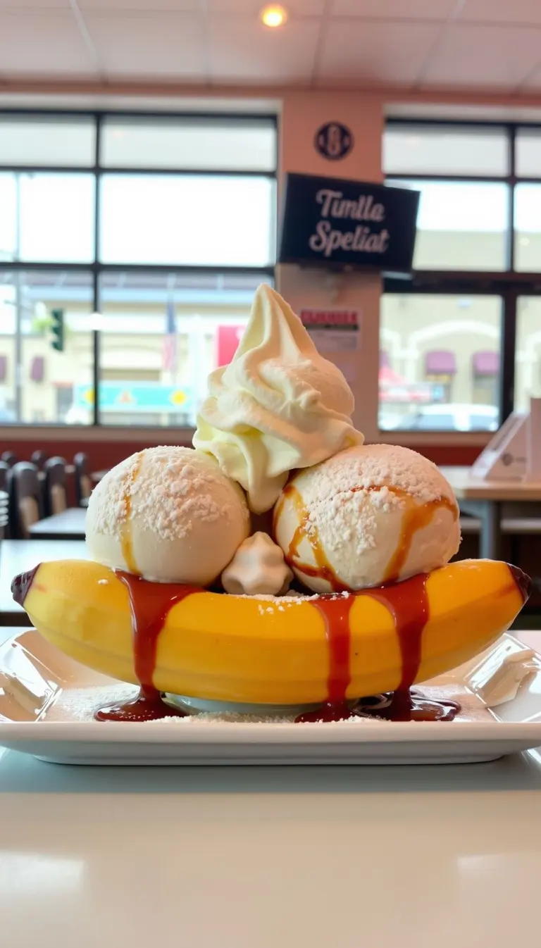Banana split with three scoops and powdered sugar in a diner.