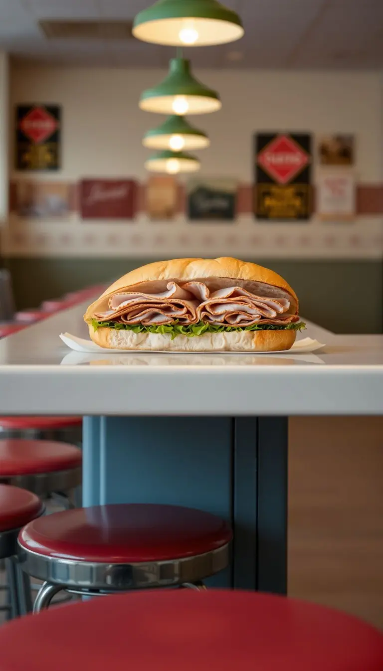 Turkey sandwich on rye at a diner counter.