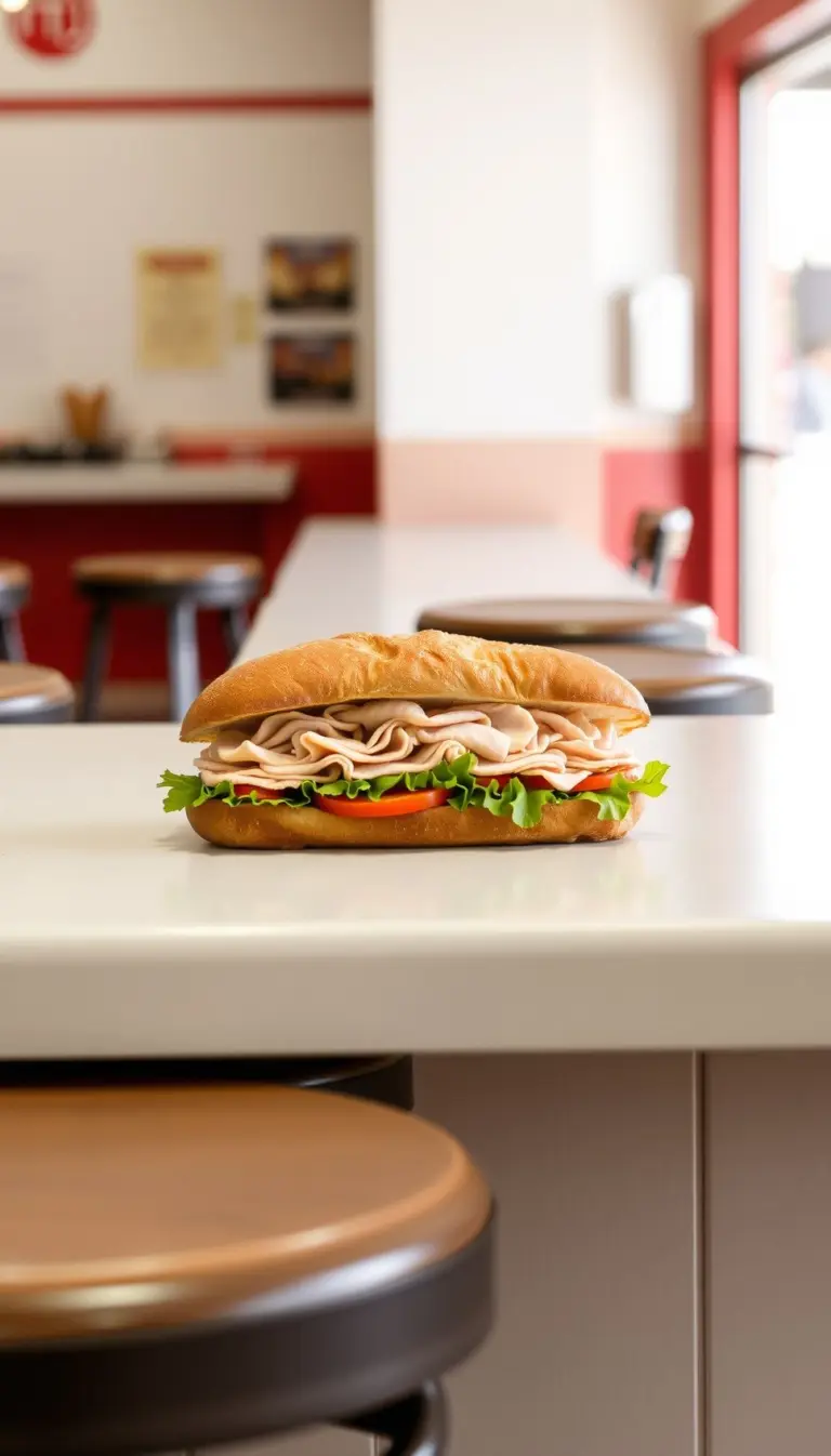 Turkey sandwich on rye at a diner counter.