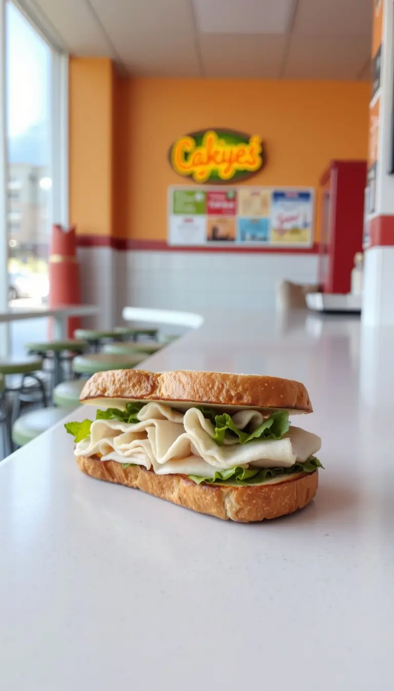 Turkey sandwich on rye at a diner counter.