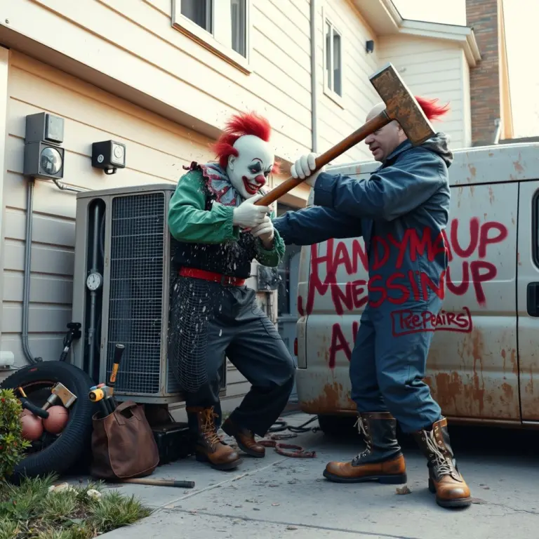 Scary clown smashing an outdoor AC unit with a hammer.
