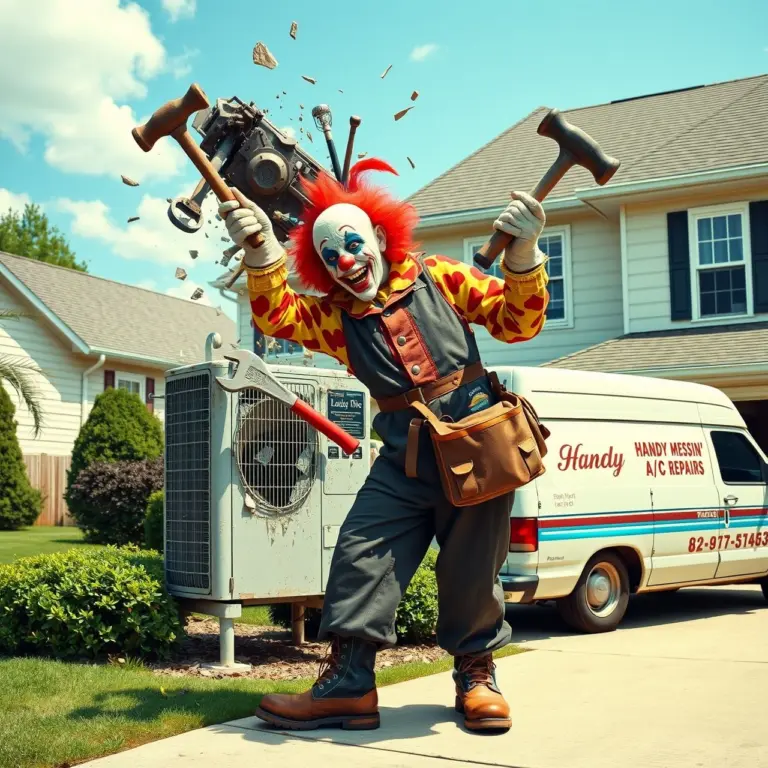 Scary clown in a mechanic jumpsuit smashing an AC unit with a wrench.