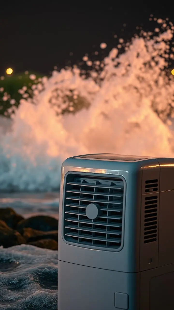 Portable air conditioner vent with airflow against a night ocean scene with splashing waves.