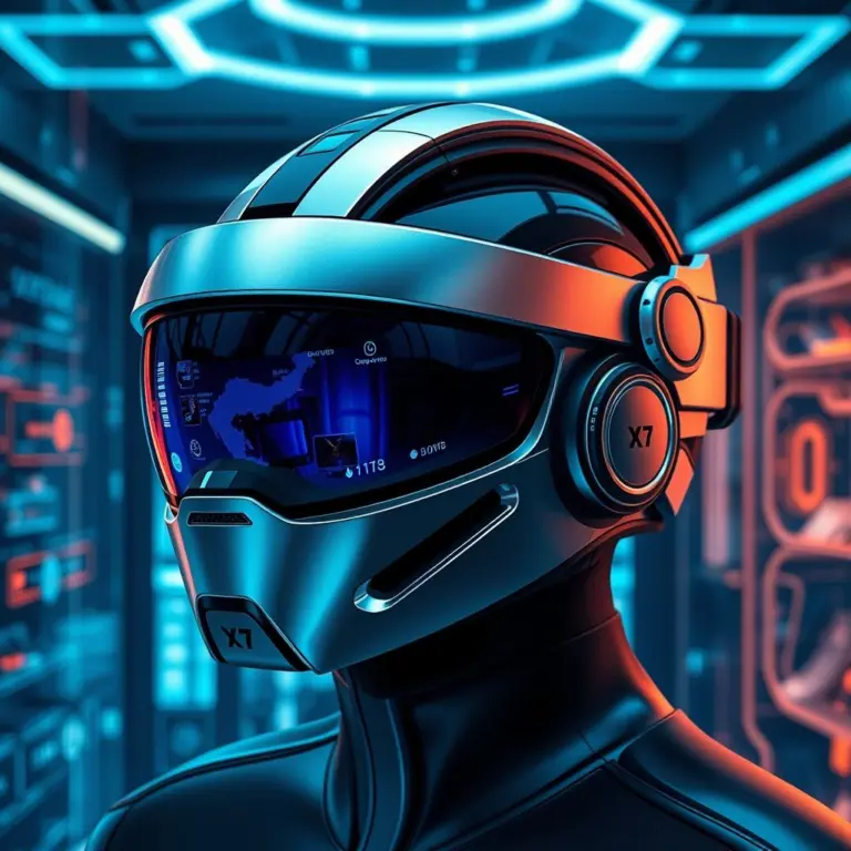 Sleek silver and blue VR helmet with holographic projections and neon lighting.