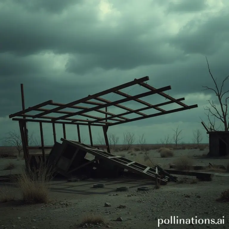 Rusted collapsed carport in a dark wasteland.