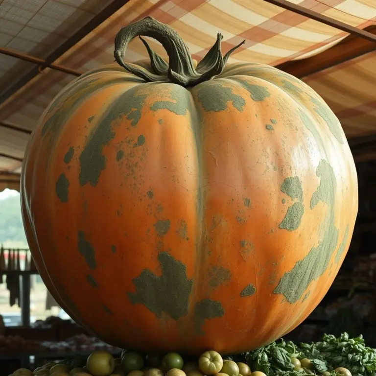 Giant moldy tomato on a market stall.