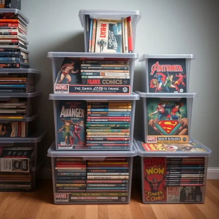 Stack of clear comic book storage boxes in a studio.