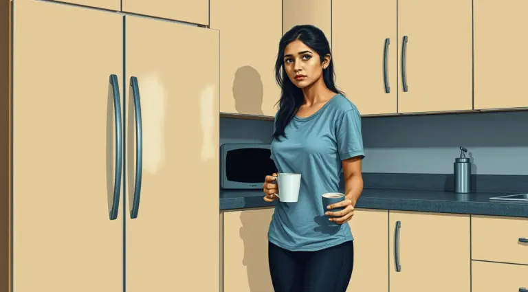Priya in a t-shirt and leggings holding a coffee cup, looking concerned, with her reflection in a cabinet.