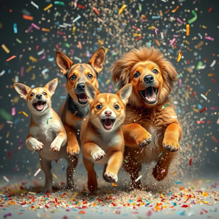 Animal friends running through a storm of colorful confetti.