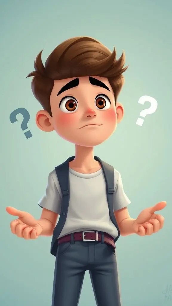 Disney-style pixel art of a confused young man holding two choices.