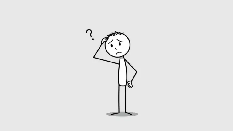 Pixelated stick figure scratching head, confused expression, talking, gray background.