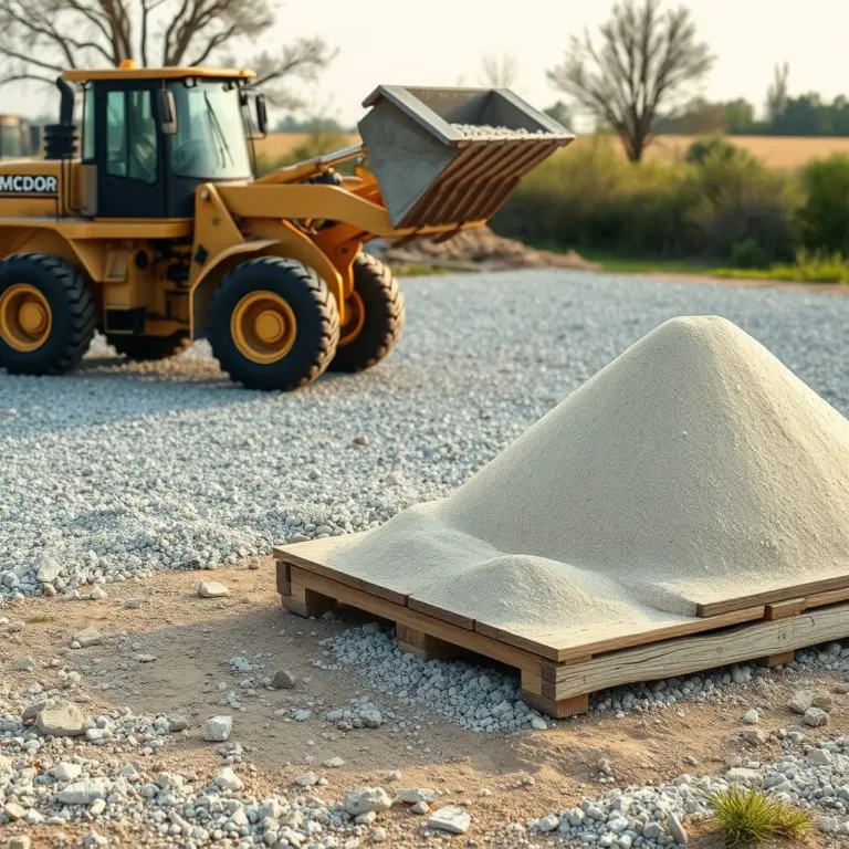 Construction loader moving materials in a rural setting.