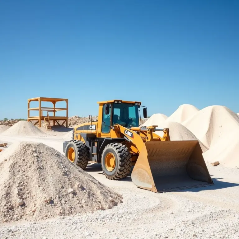 Construction loader moving material on a sunny day with gravel and sand.