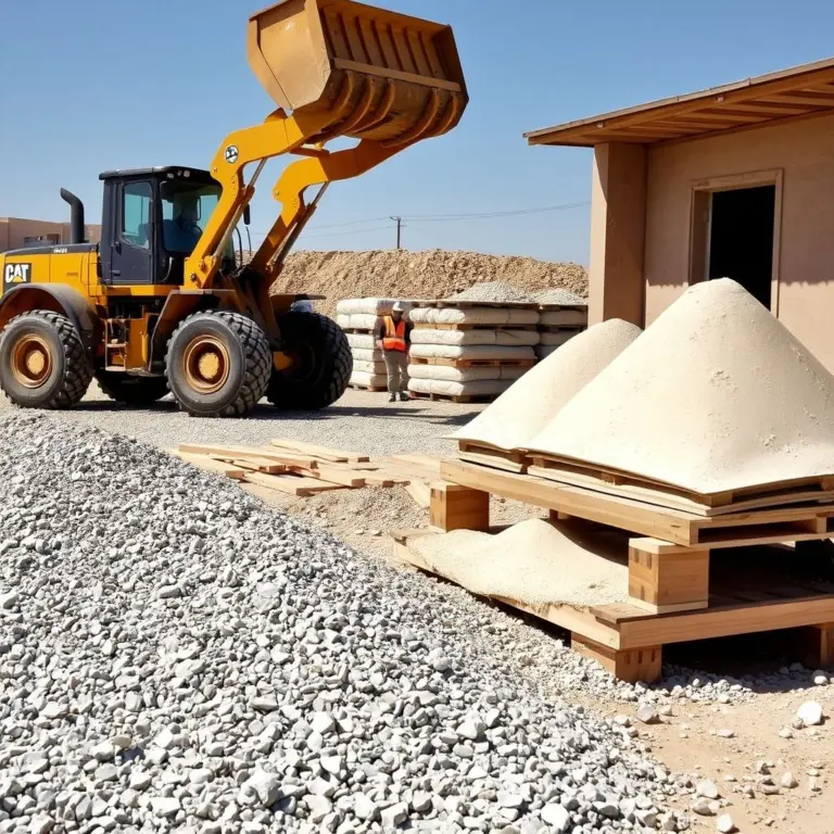 Construction loader moving gravel near sand piles.
