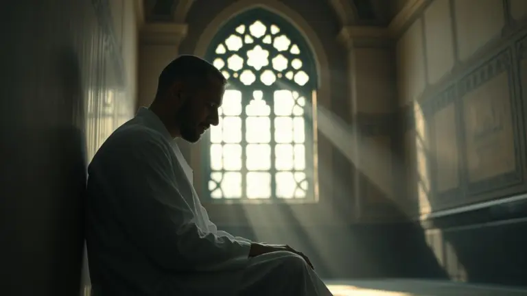 Man in a white robe sitting in a mosque, deep in thought, with sunlight streaming through a window.