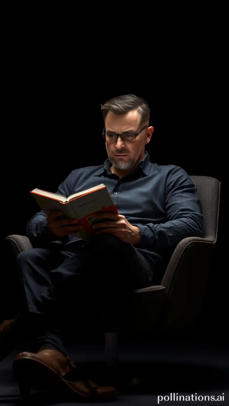 Man reading in chair, thoughtful expression, soft light, black background.
