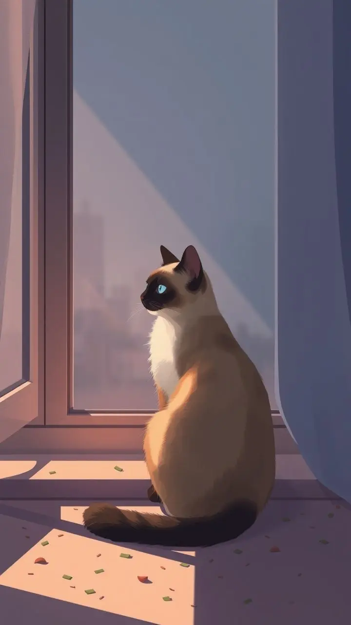 Siamese cat looking out a window with a contemplative expression.