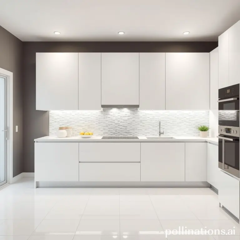 Modern kitchen with white tiles and grey wall.