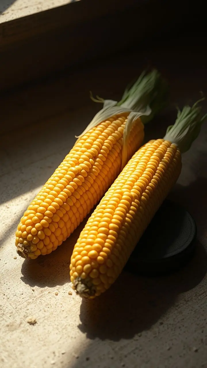 Hyper-realistic corn on the cob next to a vintage hockey puck in a surreal environment.