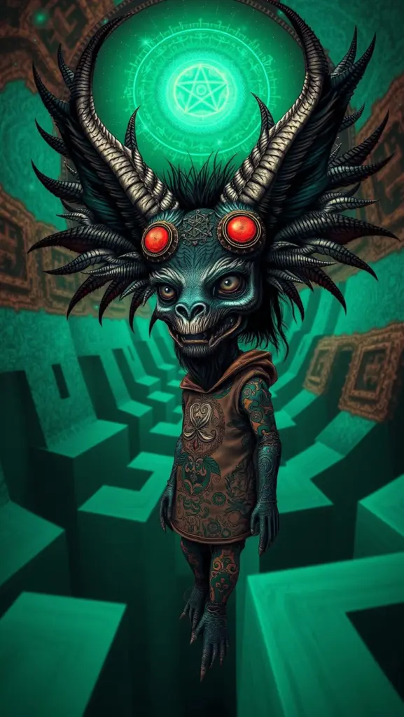 Surreal black and white maze with a primal warrior emerging, optical illusion.