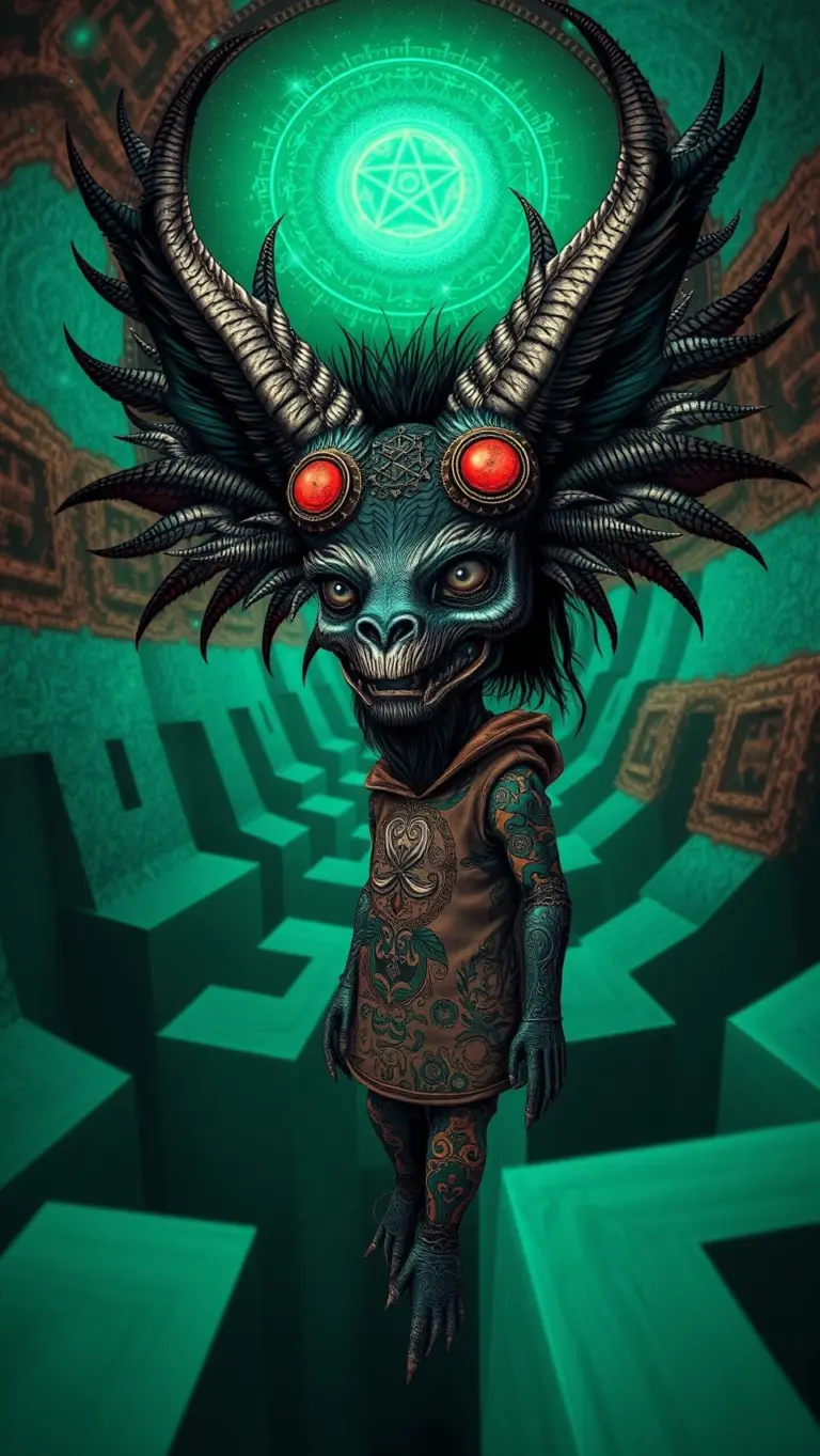 Surreal black and white maze with a primal warrior emerging, optical illusion.