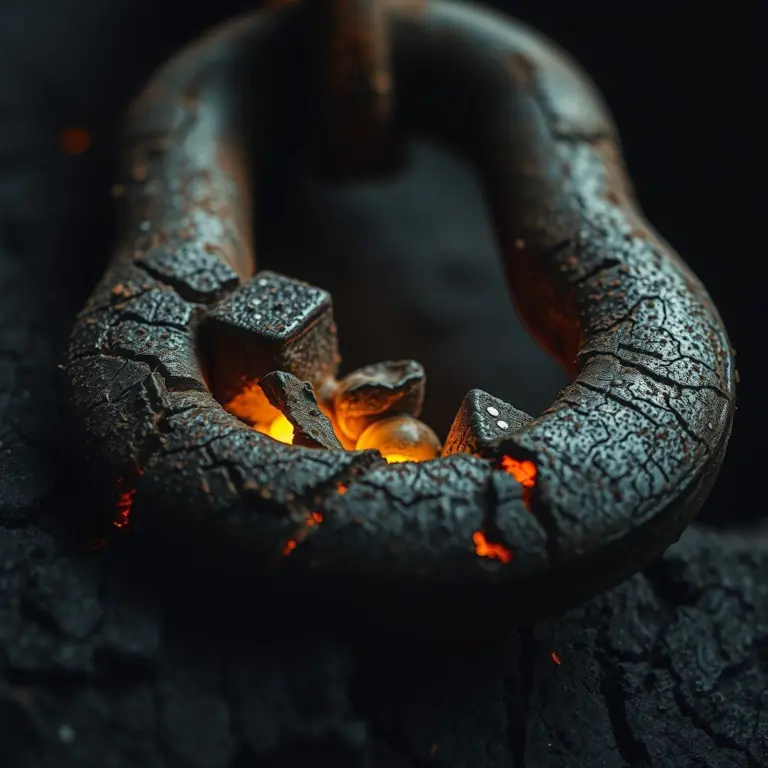 Close-up of a rusted, gouged iron shackle with glowing embers.