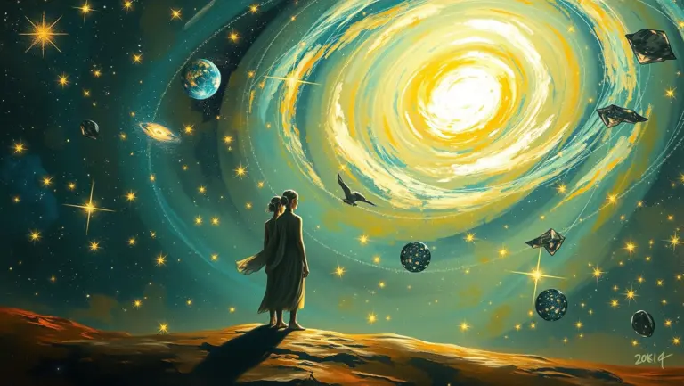 Two figures in a star-filled galaxy, spiritual brushwork.