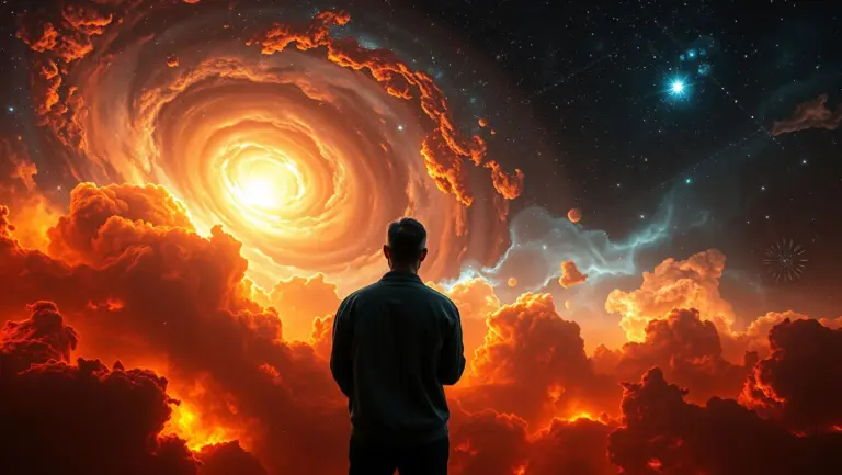 Philosopher looking into a fiery cosmos.