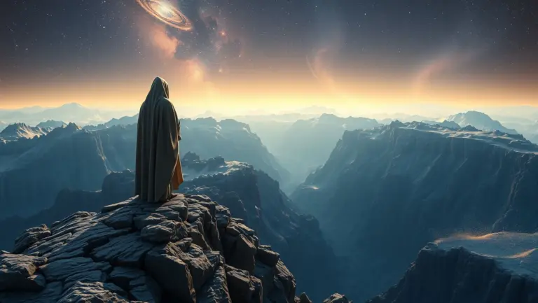 A cloaked figure on a cosmic cliff with stardust and stars.
