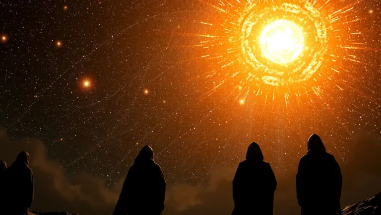 Silhouetted figures contemplating a vibrant, oil-like cosmic sky with supernovas.