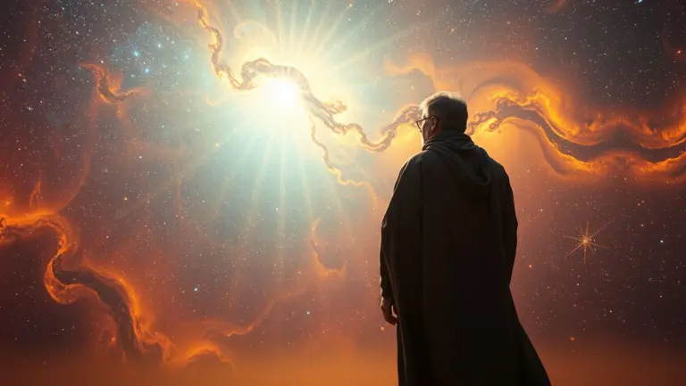 Philosopher contemplating a vibrant, oil-like cosmic sky.