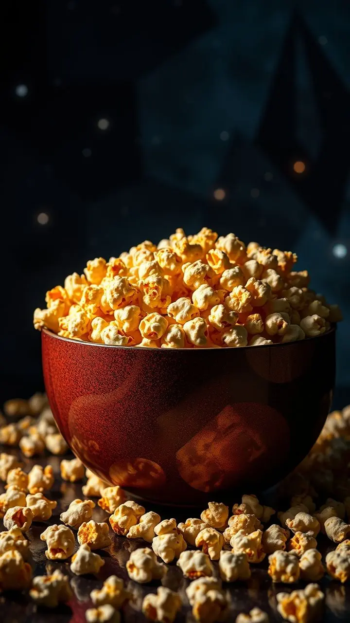 Bowl of gourmet popcorn with celestial background and fractured shadows.