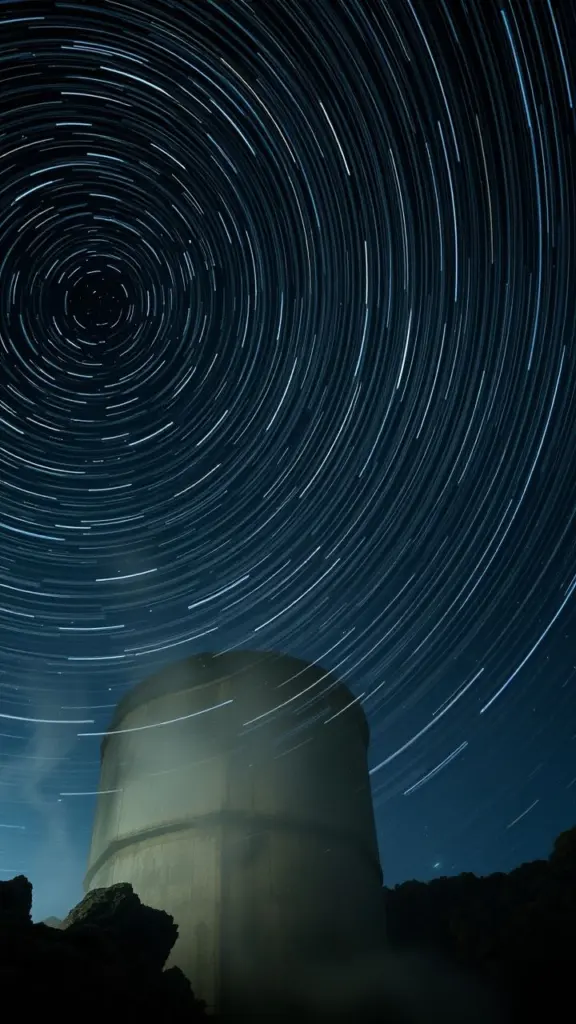 Star trails in a night sky above corroded iron with melting dust and VHS static.