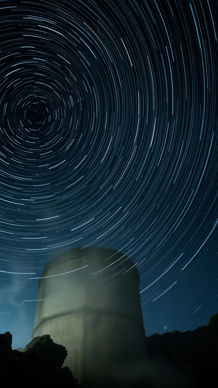 Star trails in a night sky above corroded iron with melting dust and VHS static.