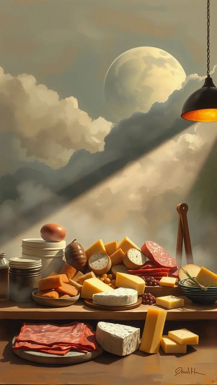 Cozy deli counter with meats and cheeses under a sky with clouds and Earth's shadow during a sleet storm, in a soft oil painting style.