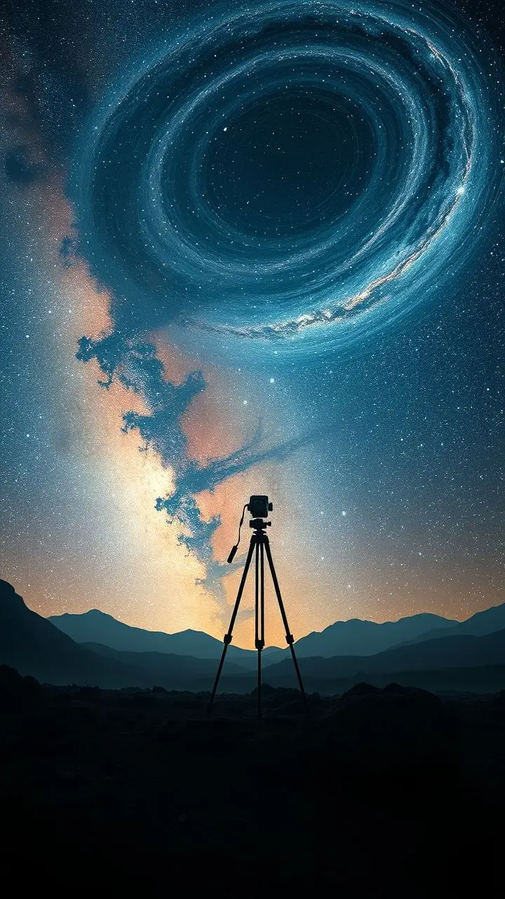 A tripod under a surreal, star-filled night sky with volumetric light and melting elements.