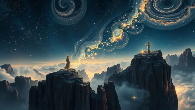 Figures intertwined with star constellations on cliffs, surrounded by cosmic mist and galaxy swirls.