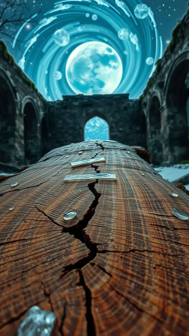Petrified wood with Beatles imagery, eerie planetary alignment, gothic walls.