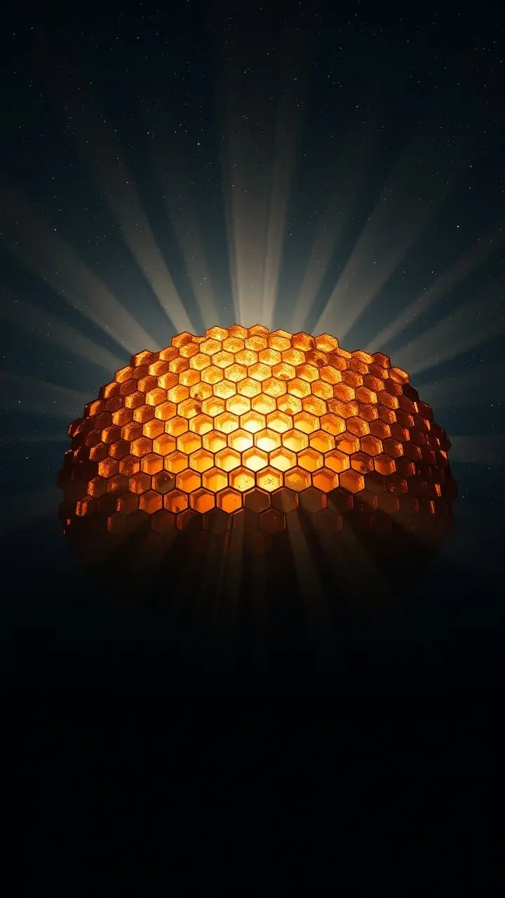 A glowing honeycomb structure in deep space, lit by burning rays.