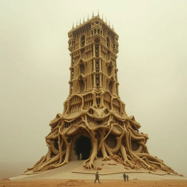 A towering structure made of bone and fossilized flesh in a desaturated ochre and brown palette.