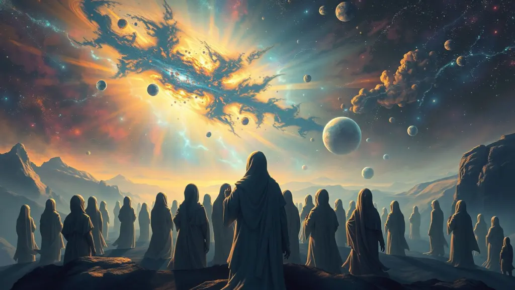 Amorphous entities observing the cosmos in a surreal, dreamlike landscape.