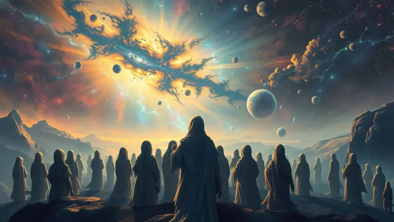 Amorphous entities observing the cosmos in a surreal, dreamlike landscape.