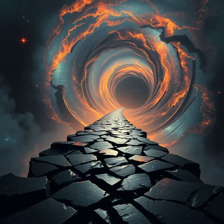 Jagged obsidian trail leading into a swirling nebula of light and darkness.